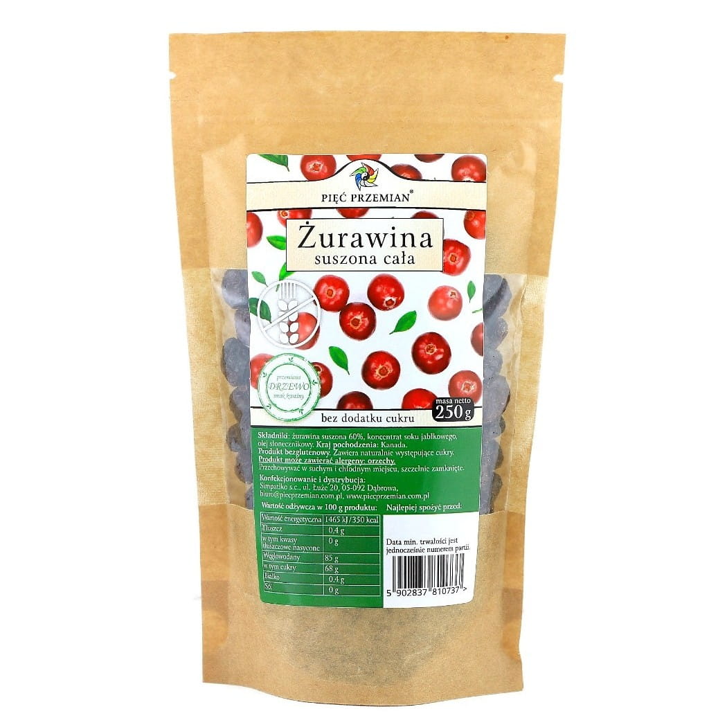 Ganze getrocknete Cranberries mit Apfelsaft gesüßt zuckerfrei glutenfrei 250g FIVE CHANGES - Biogo.de