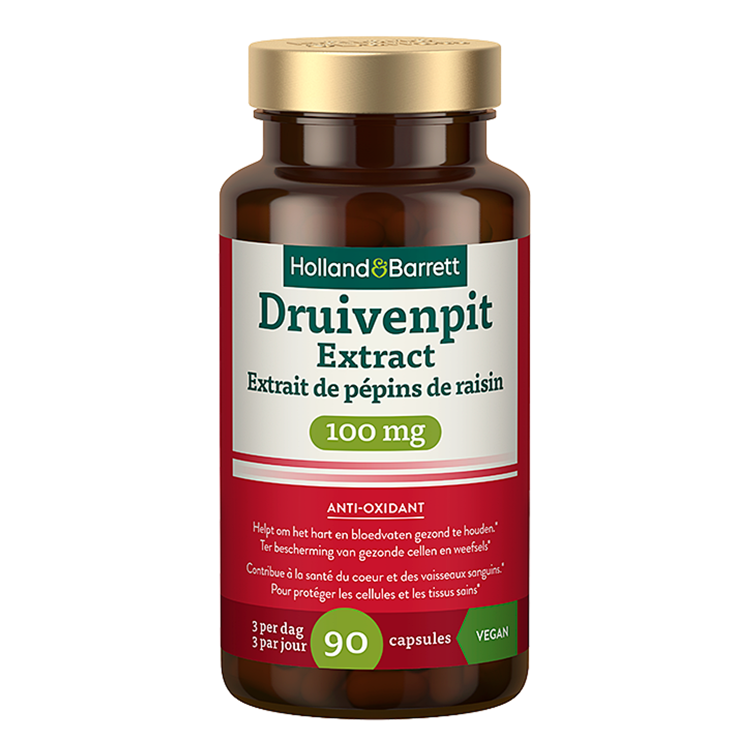 HOLLAND & BARRETT Traubenkernextrakt Kapseln, 100 Stück, Nahaufnahme der Kapseln in einer Packung