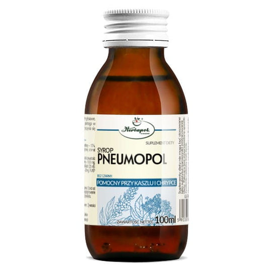 Herbapol Pneumopol Sirup in 100 ml Flasche, mit pflanzlichen Inhaltsstoffen gegen Husten und Erkältung, auf weißem Hintergrund.