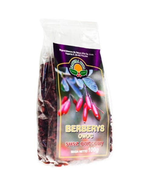 Frische Berberis Früchte in 100g Verpackung, Natur Vita, mit roten Beeren und grünen Blättern, Nahaufnahme, NATURA WITA.