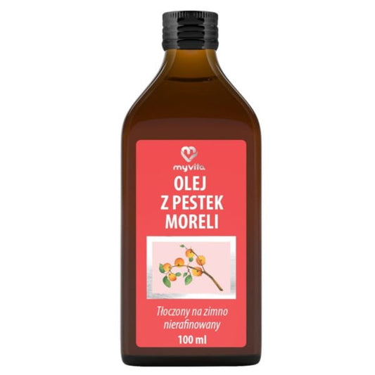 Flasche mit 100 ml MYVITA Bitteres Aprikosenkernöl, dunkle Glasflasche mit Etikett, Nahaufnahme des Produkts