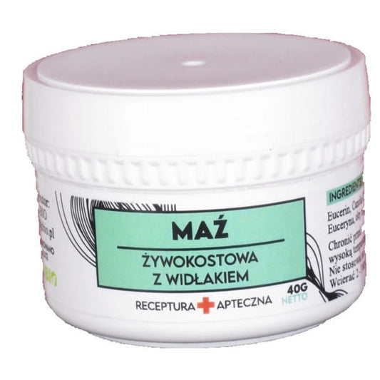 BJK BIO Harzsalbe mit Mistgabel, 50 g, naturbelassene Heilmittel, in Dose mit Mistgabel neben der Salbe auf weißem Hintergrund