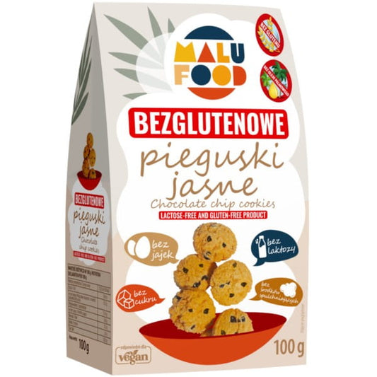 Glutenfreie und zuckerfreie MALU FOOD Light Pieguski in 100g Verpackung, knusprige Süßigkeiten auf einem weißen Teller.