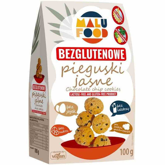 MALU FOOD glutenfreie, zuckerfreie Pieguski in 100g Verpackung, knusprige Süßigkeiten auf dem Teller.