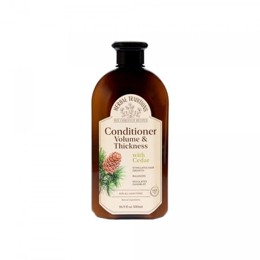 Herbl Traditions Haarspülung mit Zedernholz, 500 ml, Flasche mit grüner Verpackung und Zedernholz-Design auf der Verpackung