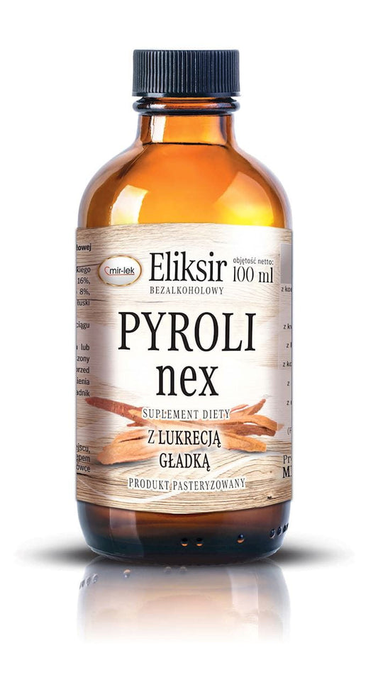 Elixier PYROLInex alkoholfrei von MIR-LEK in 100ml Flasche, flüssiges Produkt mit brauner Farbe und Etikett.
