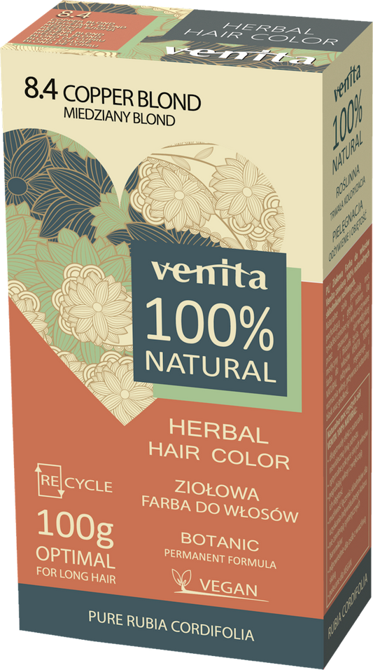VENITA Kräuter-Haarfärbemittel 8.4 Kupferblond, 100g, zeigt die Verpackung und das Produkt für natürliche Haarfärbung.