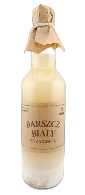 Weißer Borschtsch mit Sauerteig von VITAPOL in 480ml Verpackung, cremige Suppe mit Sauerteig und frischen Zutaten