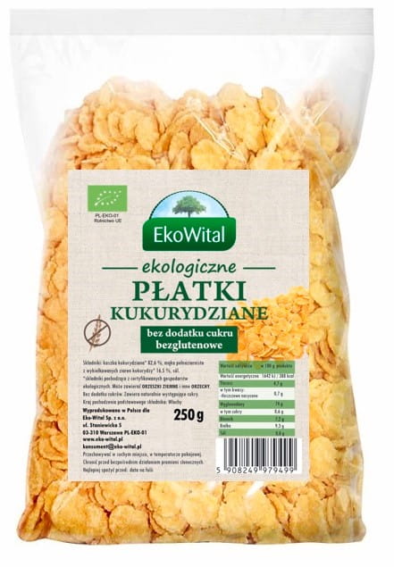 Bio Maisflocken von EKOWITAL, ohne Zuckerzusatz, in 250 g Packung, zeigt die knusprigen, goldenen Maisflocken in der Verpackung.