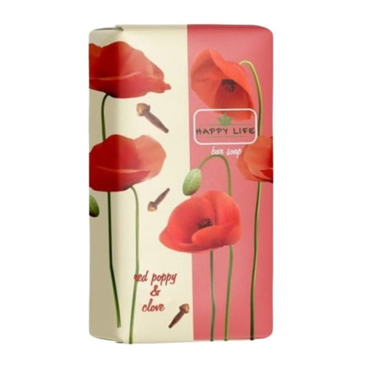 Rote Mohn Toilettenseife von HAPPY LIFE, 180 g, mit natürlichem Duft und pflegender Formel, auf einem weißen Hintergrund.