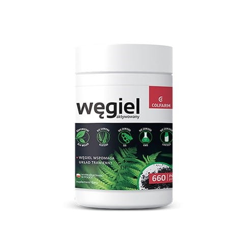 Aktivkohle Pulver von COLFARM, 100 g, für Detox und Verdauung, in einer praktischen Dose, sichtbar auf dem Bild.