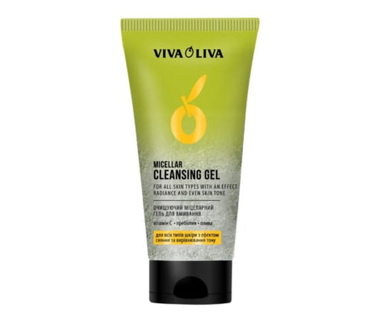 Viva Oliva Mineralien-Reinigungsgel von UKRAIŃSKIE KOSMETYKI, 150 ml, zeigt das Reinigungsgel in einer Flasche mit grünem und weißem Design.