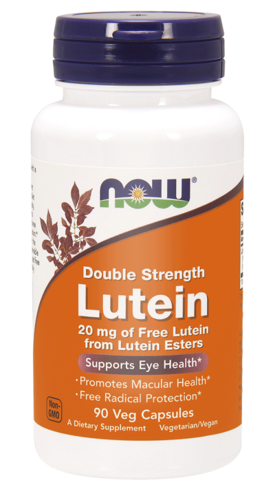 Dunkelgelbe Kapseln von NOW FOODS Doppelte Stärke Lutein, 20 mg Lutein pro Kapsel, für Augengesundheit, in der Dose.