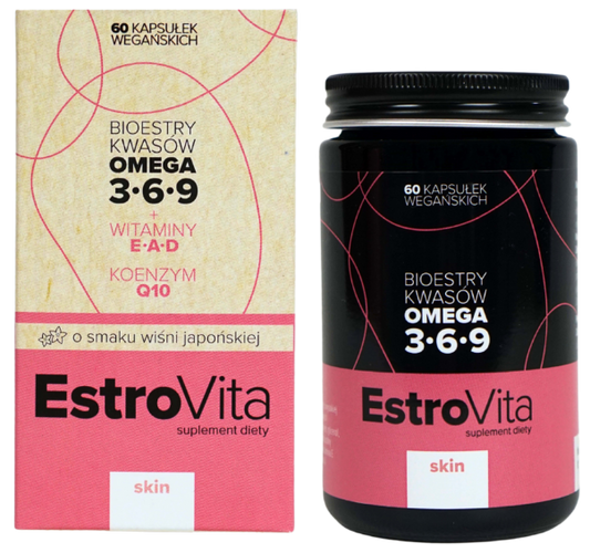 EstroVita Skin Omega 3-6-9 Frauen, 60 Kapseln, Geschmack Japanische Kirsche, Fisch- und Pflanzenöl für gesunde Haut