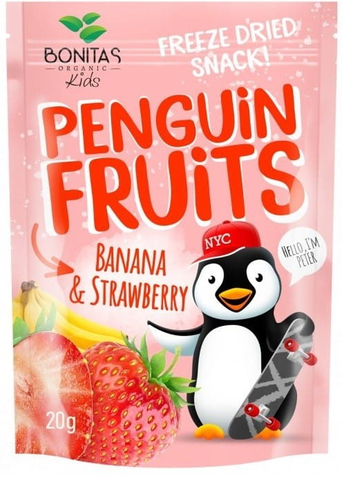 Gefriergetrocknete Bio-Banane und Erdbeere von BONITAS, 15 g, getrocknete Früchte mit fruchtigem Aussehen.