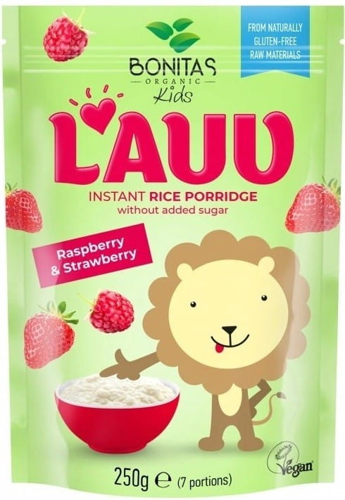 Bio-Reisbrei mit Erdbeeren und Himbeeren von BONITAS, 250 g, cremig und fruchtig, mit frischen Beeren sichtbar im Bild