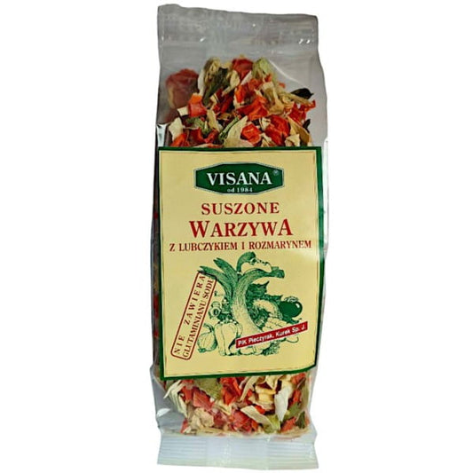 Getrocknetes Gemüse mit Liebstöckel und Rosmarin von VISANA, frisch und aromatisch, in einer transparenten Verpackung.
