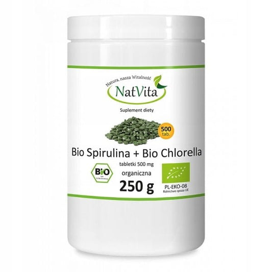 NATVITA BIO Spirulina und BIO Chlorella Tabletten, 500 Stück, grüne natürliche Superfood-Kapseln in einer Verpackung
