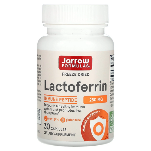 JARROW FORMULAS Lactoferrin 250 mg Nahrungsergänzung in 30 Kapseln, weiße Kapseln vor weißem Hintergrund