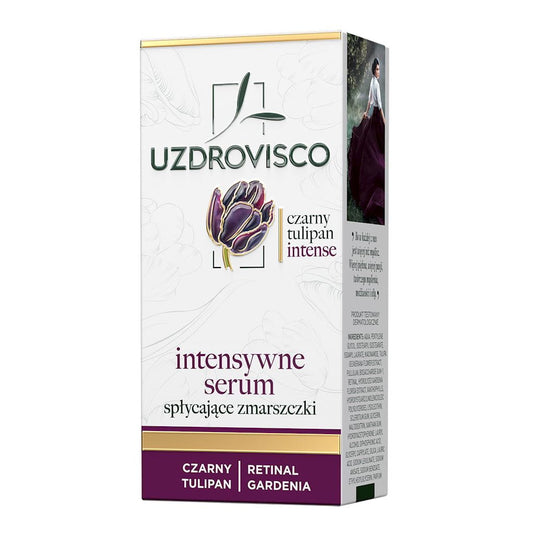 Anti-Aging-Gesichtsserum von UZDROVISCO in 30 ml Flasche, schwarzer Tulpen-Intensiv-Serum für reife Haut, nahtlose Textur und Anwendung.