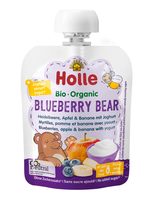 Bio Joghurt-Bananen-Mousse in der Wanne von HOLLE, zuckerfrei, für Babys ab 8 Monaten, 85 g, mit Beeren- und Amber-Noten.
