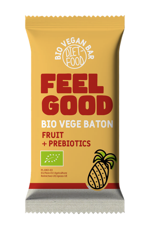 Bio Prebiotik Feel Good Baton von DIET FOOD, 35 g, zeigt das natürliche, gesunde Snack-Produkt in einer offenen Verpackung.