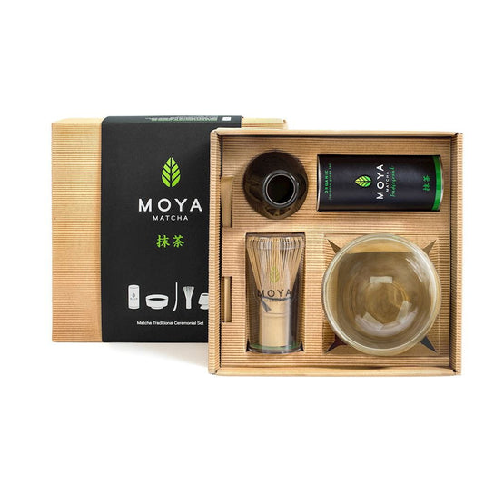 Matcha Zeremonienset mit Glasschale von MOYA MATCHA, inklusive Schale, Bambusbesen und Löffel für japanische Matcha-Zeremonien