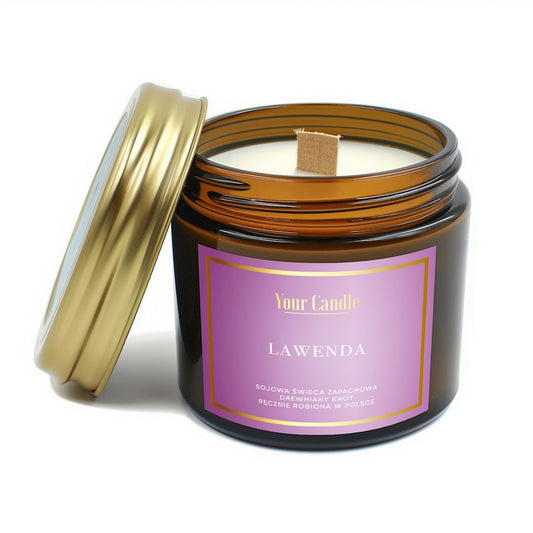 Soja-Duftkerze mit Baumband von YOUR CANDLE, LAWENDA, 120 ml, cremiger Duft, umgeben von Naturmaterialien, stilvolle Kerze für Zuhause