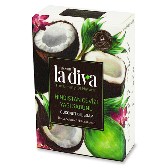 Handgefertigte Seife in Kokosnuss-Duft von LA DIVA, 100 g, mit cremiger Textur und natürlichem Kokosöl.