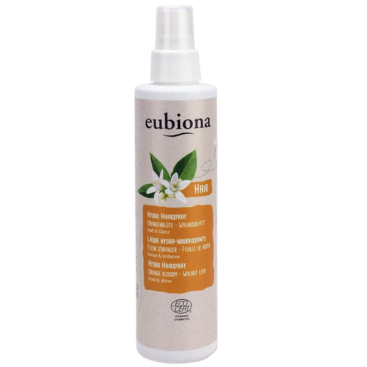 Hydro Hair Layer Orange von Eubiona, 200 ml, mit italienischer Walnuss, eco-zertifiziert, zeigt die orangefarbene Flasche und Inhaltsstoffe