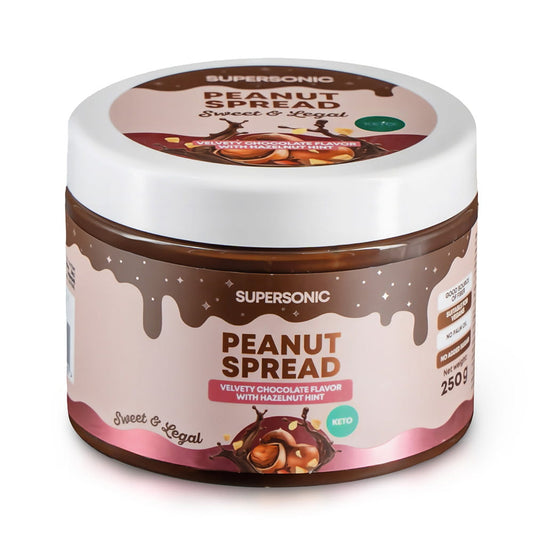 Schokoladen-Fruchtcreme mit Nüssen von SUPERSONIC in 250 g, cremige Nusscreme mit Fruchtgeschmack, sichtbar in Glas.
