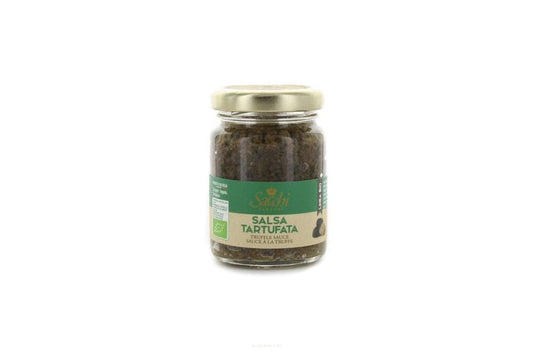 Bio-Trüffelsäckchen, 80 g, mit pastösen, cremigen und Trüffelöl-Produkten von SACCHI TARTUFI, sichtbar in der Verpackung