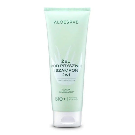 Duschgel und Shampoo 2in1 von ALOESOVE, 250 ml Flasche mit grünem Etikett, zeigt Produktfarbe und Verpackung.