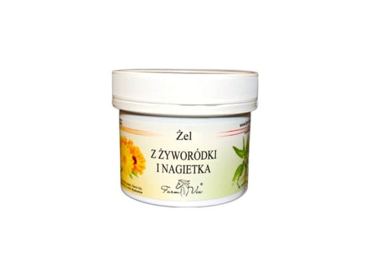 Ringelblumen- und Ringelblumen-Gel von FARM-VIX, 150 ml, zeigt die gelbe Blume und das Gel in einer offenen Tuben.