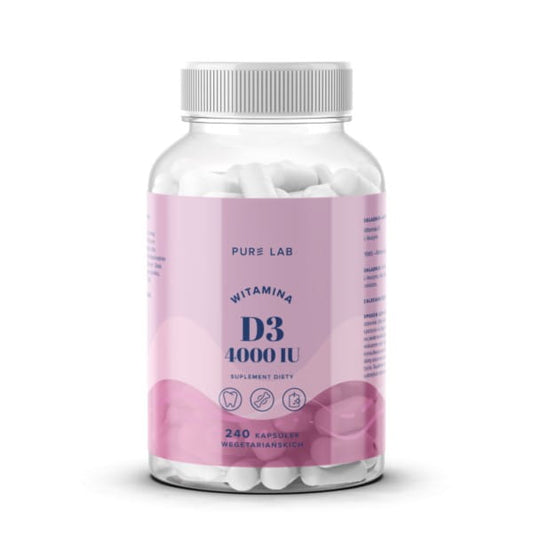 Reines Labor Vitamin D3 4000 von AURA HERBALS, Flasche mit 240 Kapseln, zeigt die Produktverpackung und Kapseln.