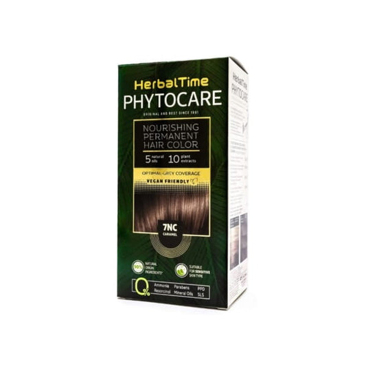 Herbal Time Natural Colour 7NC Caramel Haarfarbe in einer Dose, zeigt den Farbton und die Verpackung der Haarfarbe.