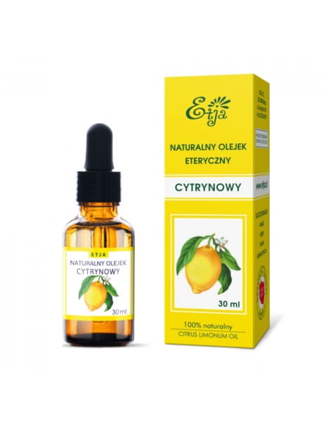 Ätherisches Zitronenöl von ETJA in 30 ml Flasche, gelbe Zitrone mit frischem, aromatischem Duft auf weißem Hintergrund