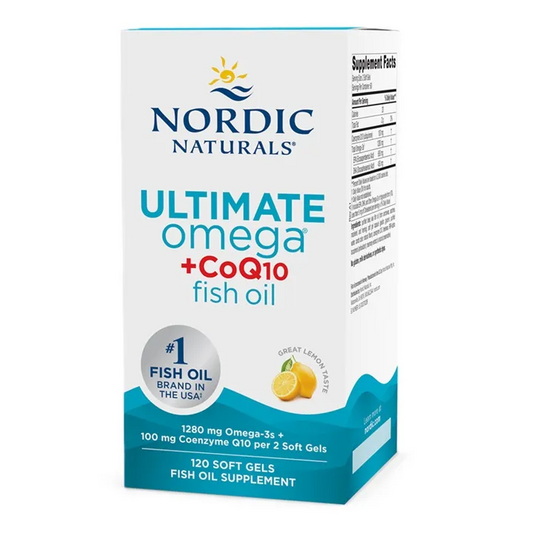 NORDIC NATURALS Ultimate Omega + CoQ10 Kapseln, Fischöl und Coenzym Q10 in einer Packung, Nahaufnahme der Produktverpackung