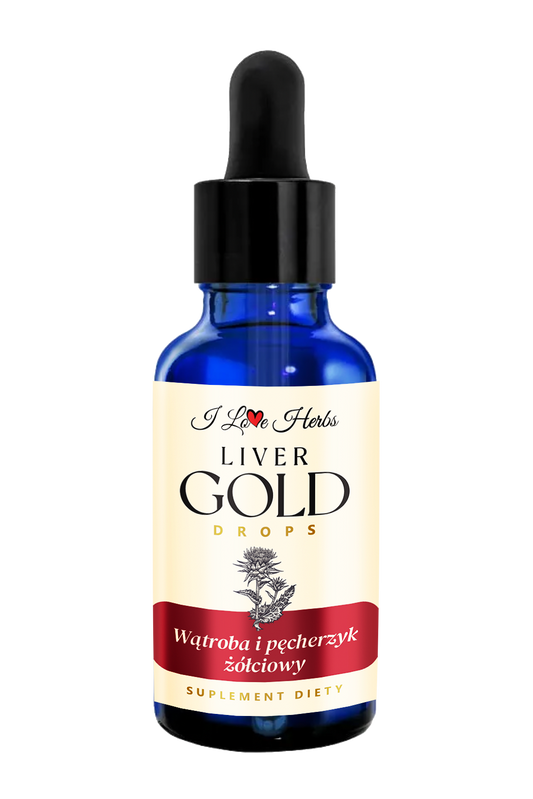 Flüssige Liver Gold Drops von I LOVE HERBS in einer 50 ml Flasche, naturbelassene Heilkräuter für das Wohlbefinden.