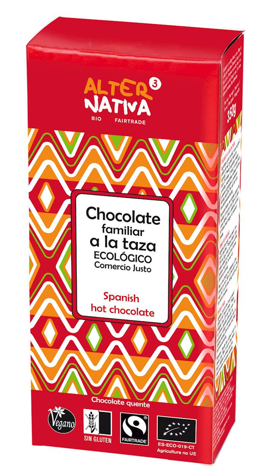 Bio, glutenfreie, heiße Trinkschokolade von ALTERNATIVA, fair gehandelt, in einer 350 g Packung, mit cremiger Konsistenz.