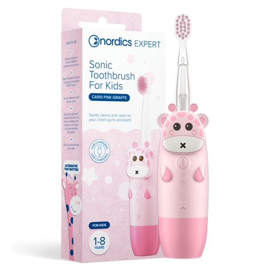 Schallzahnbürste CA910 für Kinder in Rosa mit Giraffen-Design, von Nordics, inklusive Pasten- und Zahnbürstenschutz