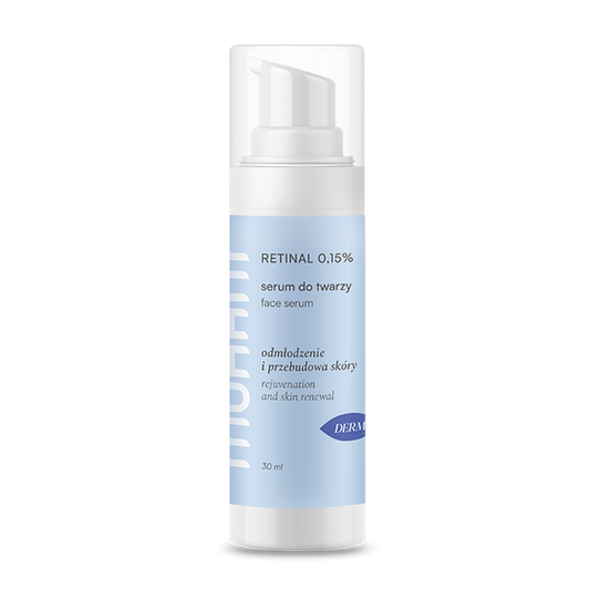 ANTI-AGING Gesichtsserum mit RETINAL 0,15 % von MOHANI in 30 ml Flasche, Nahaufnahme des Serums in einer Pipettenflasche.