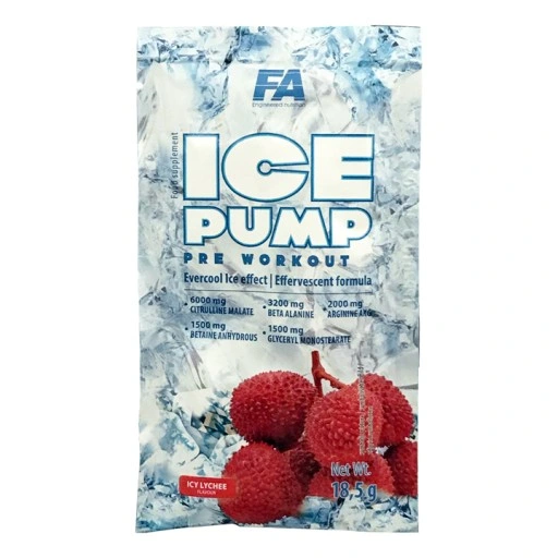 Eis-Pump Pre-Workout mit Lychee-Geschmack von FA, 18,5 g, auf weißem Hintergrund, natürliche Farben, Verpackung sichtbar