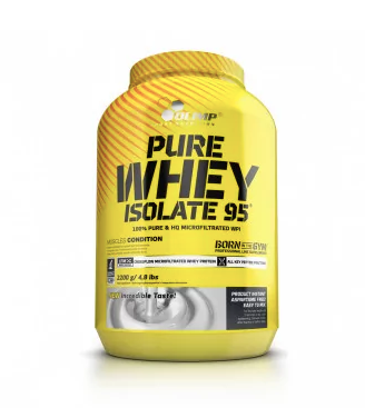 Olimp Pure Whey Isolate 95 Vanille-Geschmack, 2,2 kg Proteinpulver in Dose, weiße Verpackung mit Vanille-Illustration