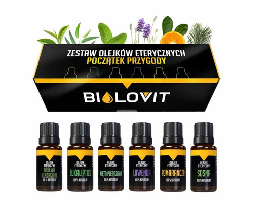 Drei Flaschen mit ätherischen Ölen im Bilovit Essential Oil Set, ideal für Aromatherapie und entspannende Anwendungen.