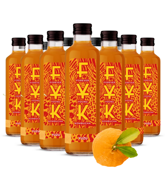 Flasche mit 0,25l FYK Kombucha Yuzu in transparentem Glas, zeigt das erfrischende Getränk mit Yuzu-Geschmack.