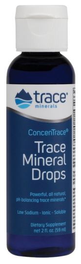 Konzentrierte Spurenelemente in Tropfenform von Trace Minerals, 59 ml Flasche auf weißem Hintergrund.