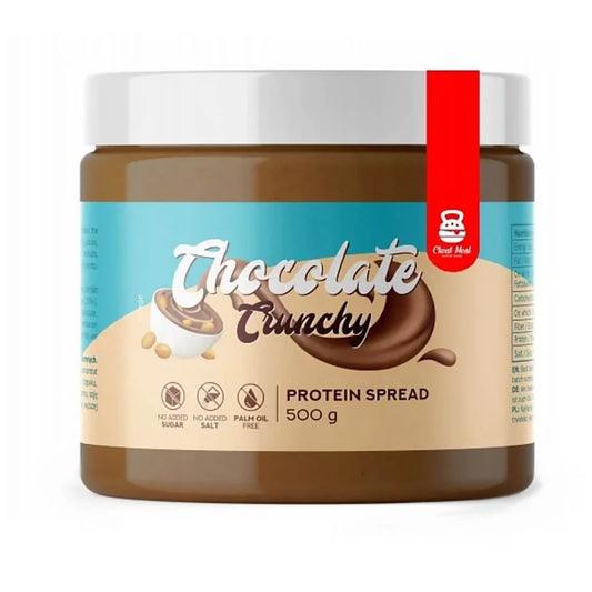 Cheat Meal Protein Creme Schokolade knusprig in 500g Glas, cremige Schokoladencreme mit knusprigen Bestandteilen, ideal als Aufstrich oder Snack.