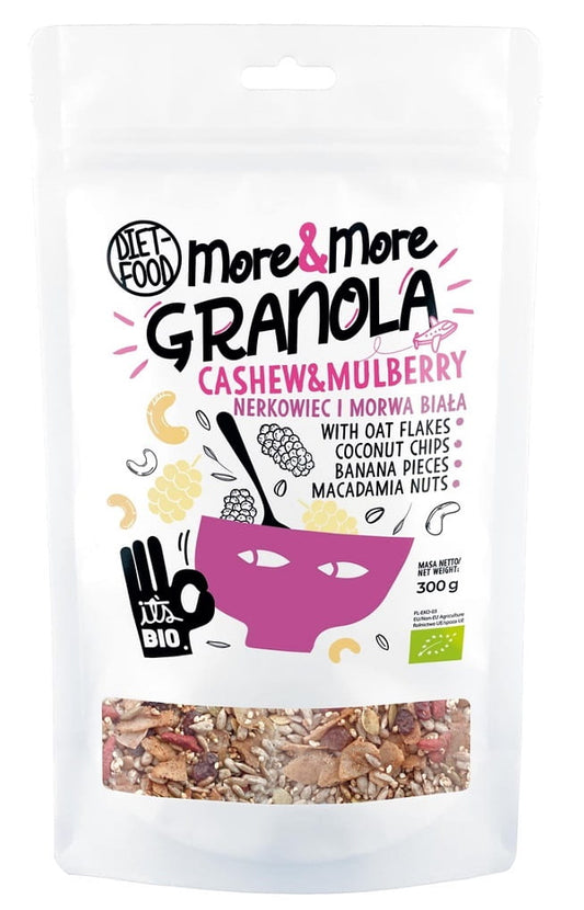 Bio Granola mit Nüssen und weißen Mornuten von DIET-FOOD, 300 g, zeigt die knusprige Mischung mit Nüssen und Mornuten.