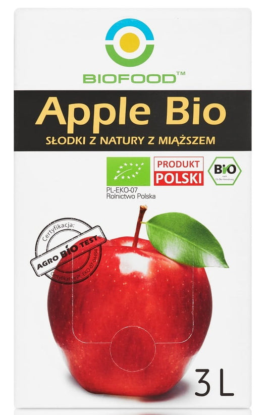 Glas mit glutenfreiem Bio-Apfelsaft mit Fruchtfleisch von BIO FOOD, 3 Liter, frischer Apfelsaft in Flasche